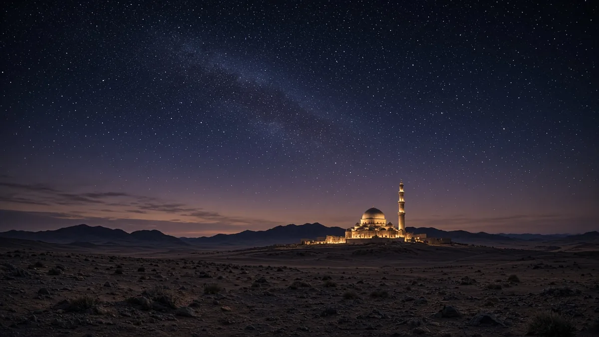 Names of Allah in Surah Mulk: starry night sky over a softly lit mosque in the desert