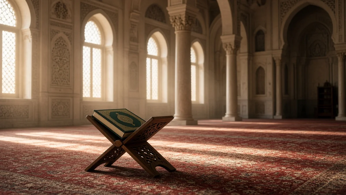 Quiet mosque interior with a closed green Quran on a wooden rehal on the carpet and sunlight from tall arched windows