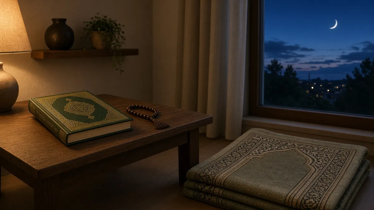 Open Quran on a wooden stand on a prayer rug in a softly lit room at dawn, with a window showing a pale sky