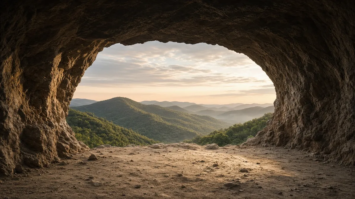 Sunlight entering a quiet rocky cave opening with green hills visible outside