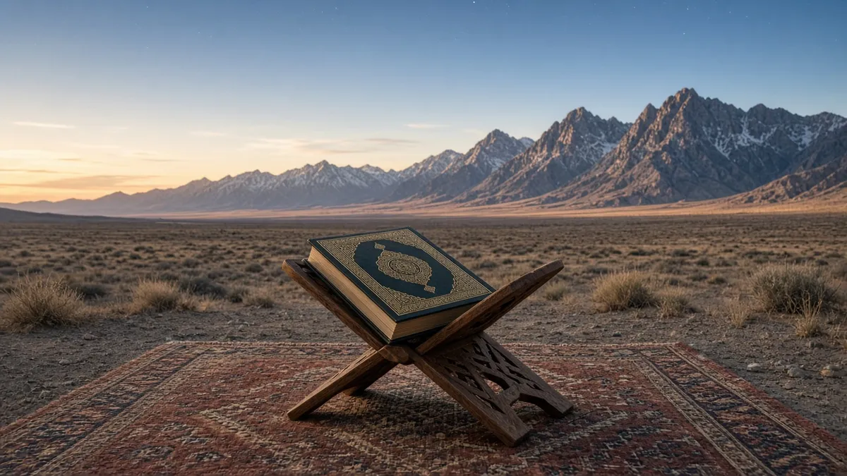 Open Quran on a wooden rehal beside a window overlooking hills and a cloudy evening sky with light rain