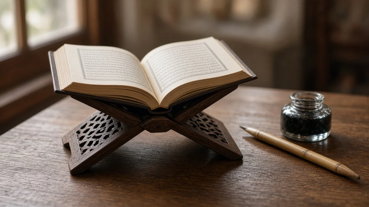 Open Quran on a carved wooden rehal beside a reed pen and inkwell on a desk in soft window light