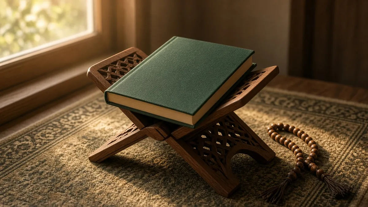 Book with a green cover on a carved wooden rehal stand on a prayer rug beside prayer beads in soft morning light