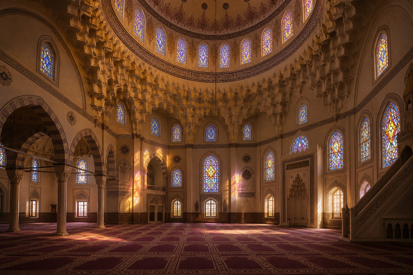 Interior of a mosque with dome, stained glass, and prayer carpets — no scripture shown