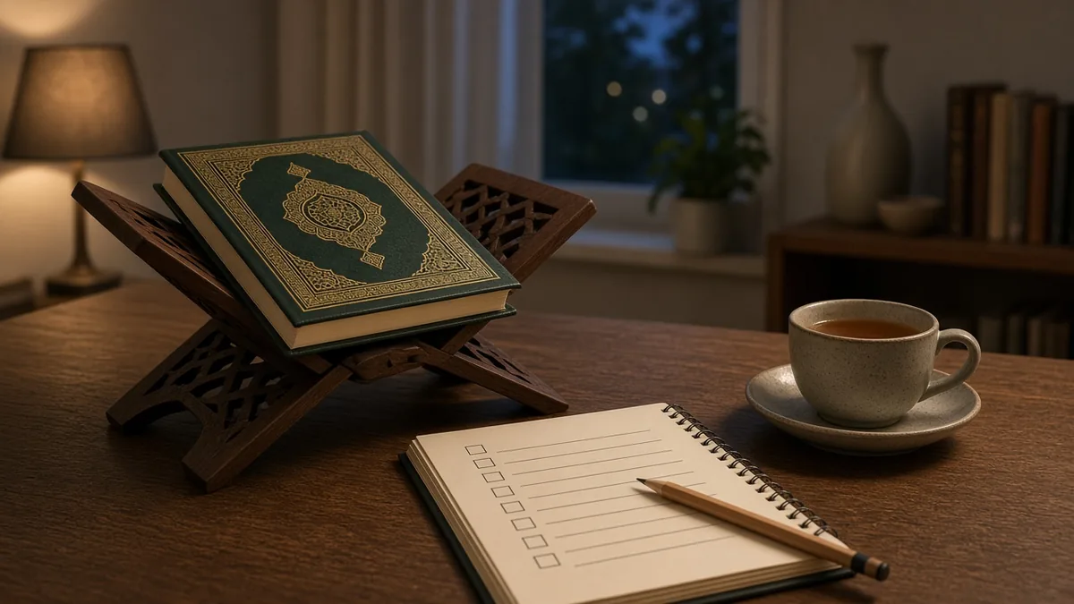Surah Mulk quiz card: Quran on a stand beside a quiz notebook and tea