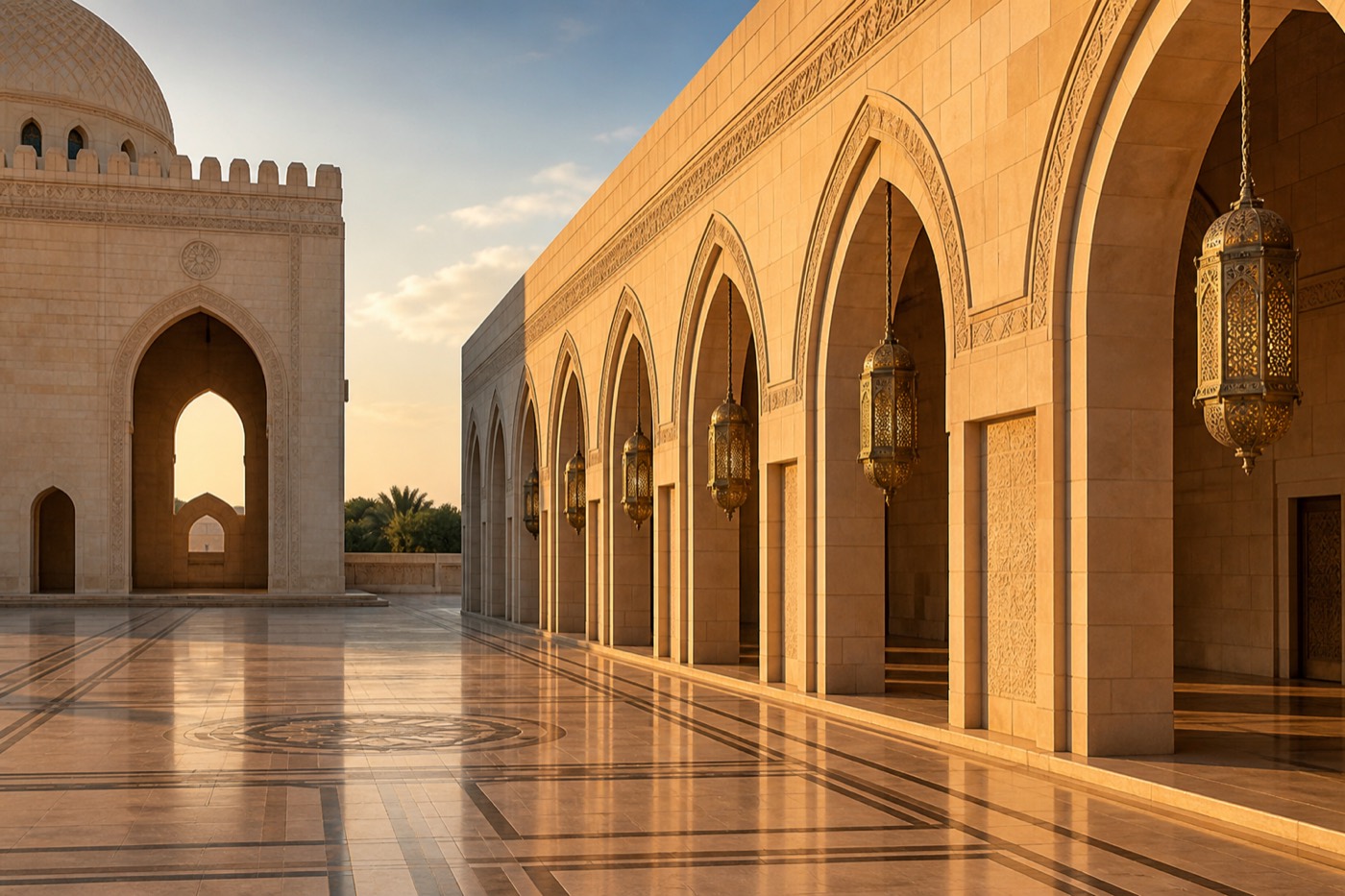 Mosque courtyard at sunset with arches and lanterns — Islamic architecture, no scripture