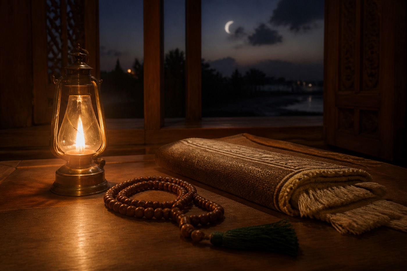 Night lantern, tasbih beads, and a folded prayer rug by a window with a crescent moon